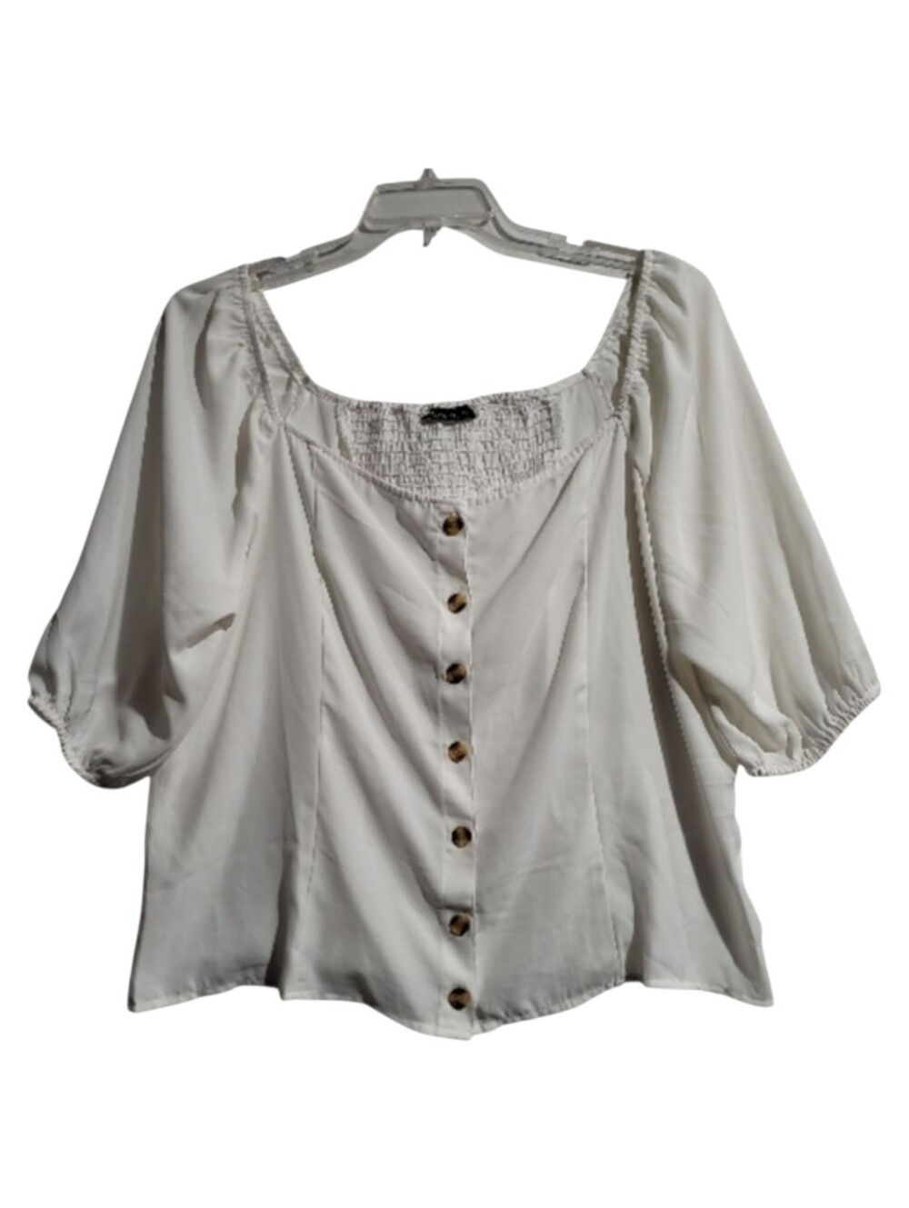 Women's Ivory Button XXL Top Shirred Back Cropped Peasant Fairy Vanilla Girl